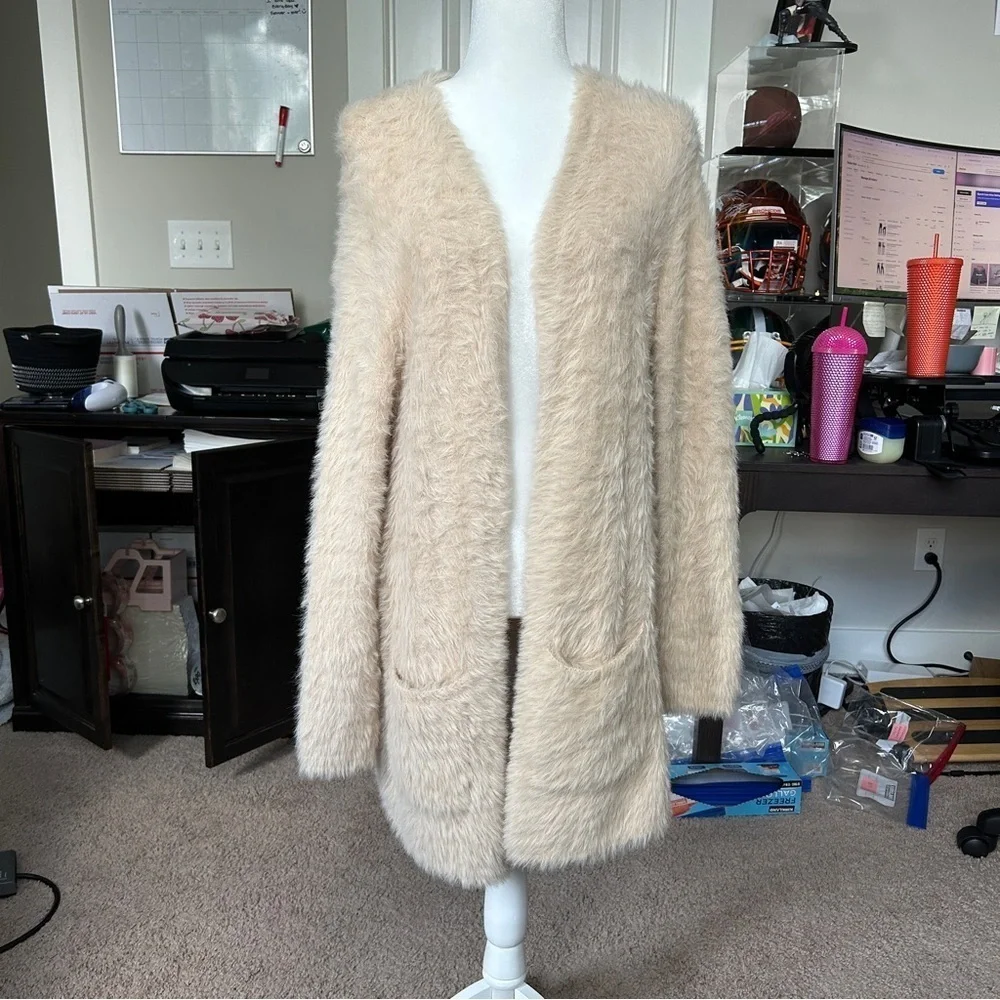 Free People Sand Beige Eyelash Faux Fur Open Front Cardigan Size Small